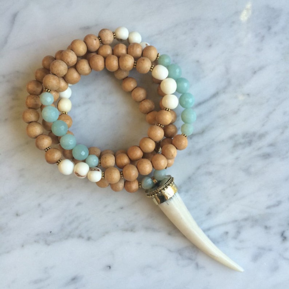Wood & Amazonite Necklace w/ Tusk Pendant